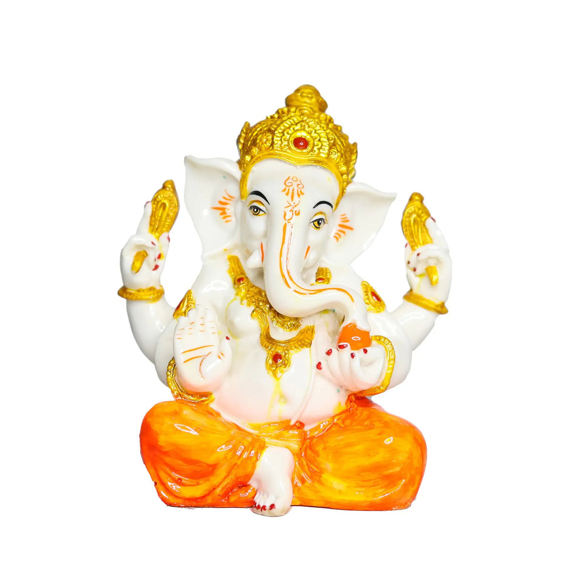 Aurance Ganesha idol with white body, orange dhoti, and gold ornaments, perfect for home decor or car dashboard.