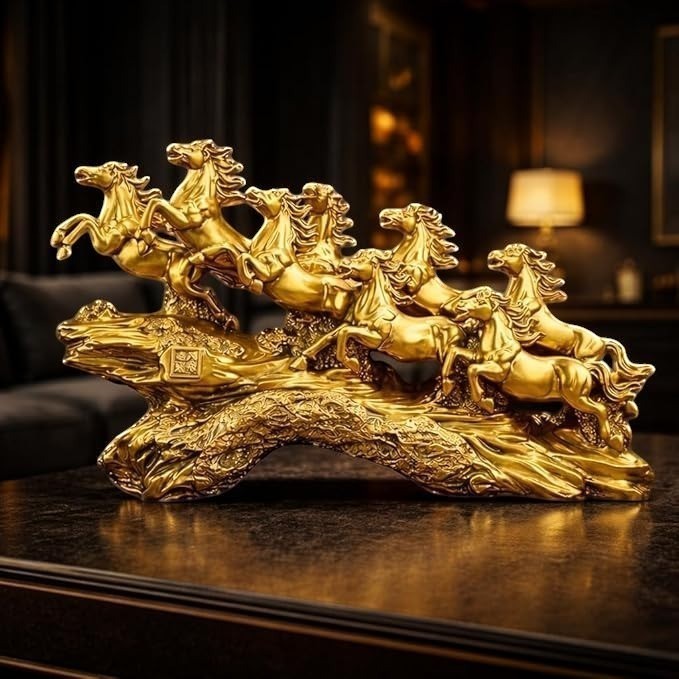 Aurance golden resin statue featuring seven running horses, a Feng Shui decorative piece for home and office decor.