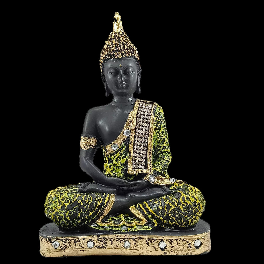 Aurance green and black polyresin Samadhi Buddha statue in a meditative sitting pose with gold ornate detailing.