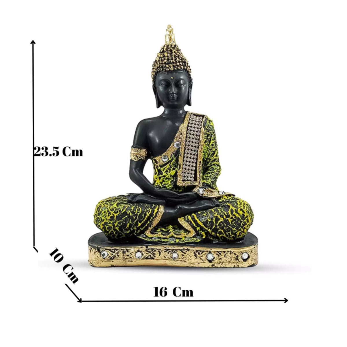 Aurance polyresin Buddha statue in a meditative pose with green and gold textured robes on a decorative base.