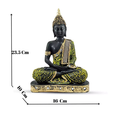 Aurance polyresin Buddha statue in a meditative pose with green and gold textured robes on a decorative base.