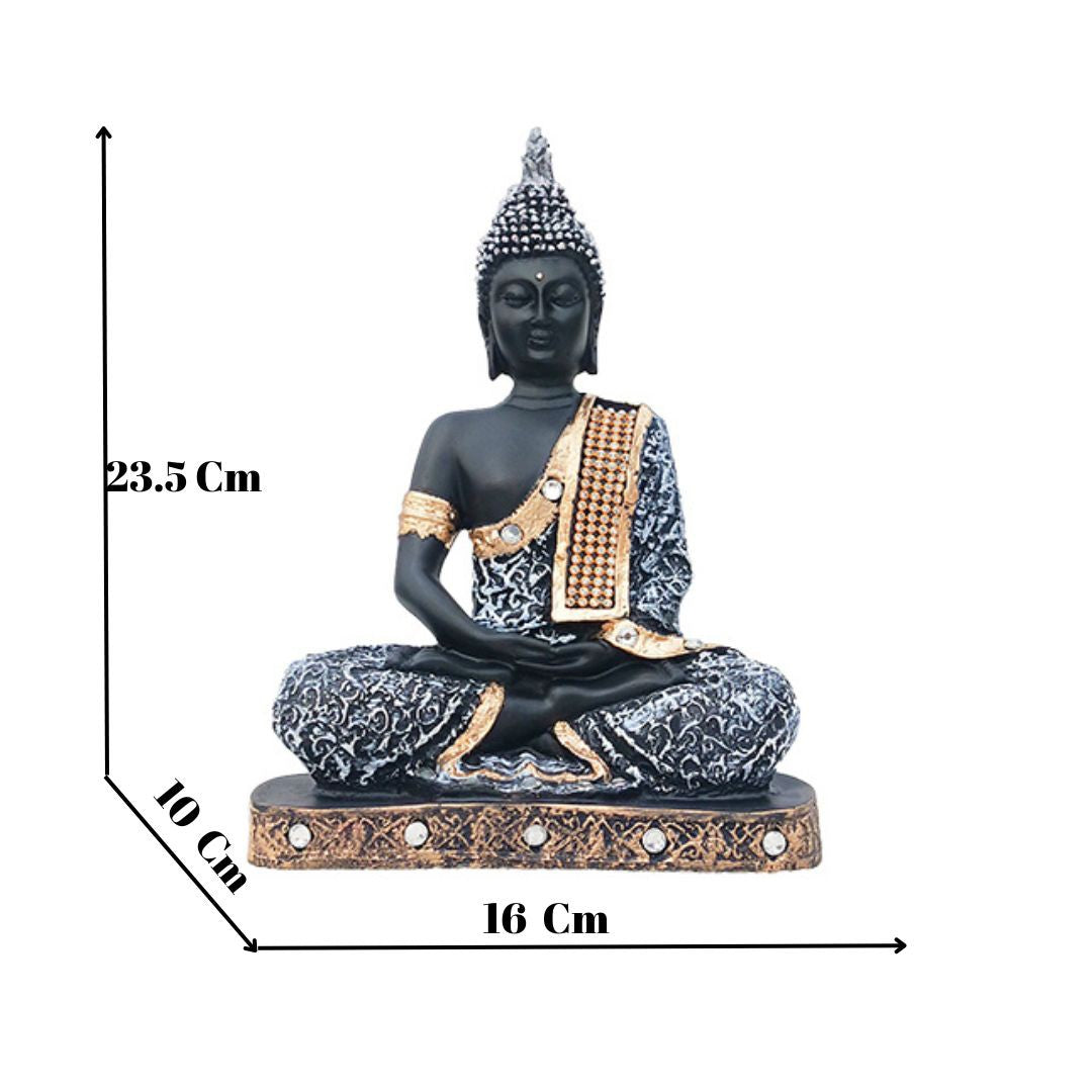 Aurance handcrafted grey and gold resin meditating Buddha statue with intricate detailing for home decor