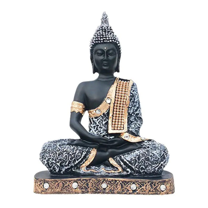 Aurance grey and black resin meditating Buddha statue with gold accents and decorative stone detailing.
