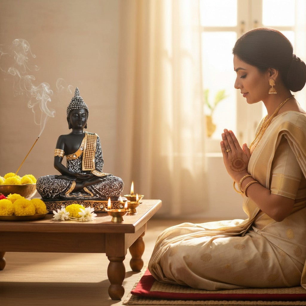 Aurance handcrafted grey resin meditating Buddha statue on a wooden table with a woman praying in a serene room