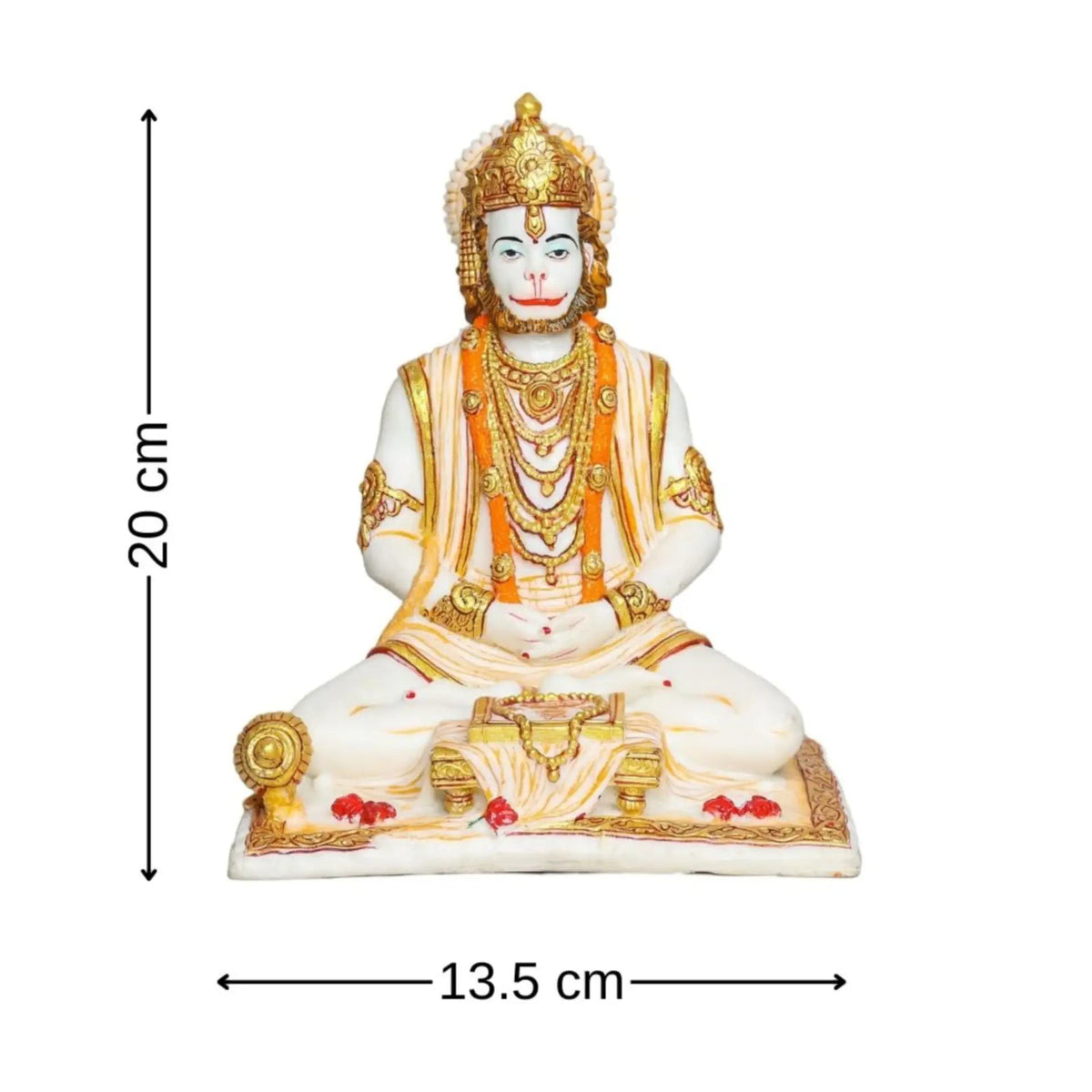Aurance Lord Hanuman sitting statue in meditative pose with gada and book, featuring intricate gold and white details.