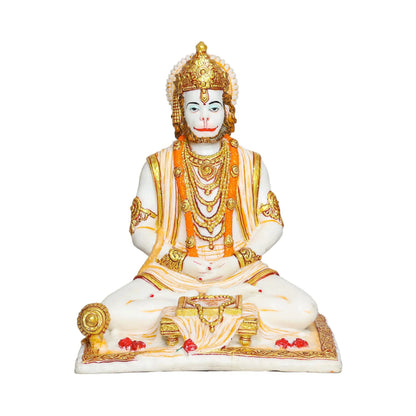 Aurance Lord Hanuman sitting statue in a meditative pose, holding a gada and reading a book with gold accents.