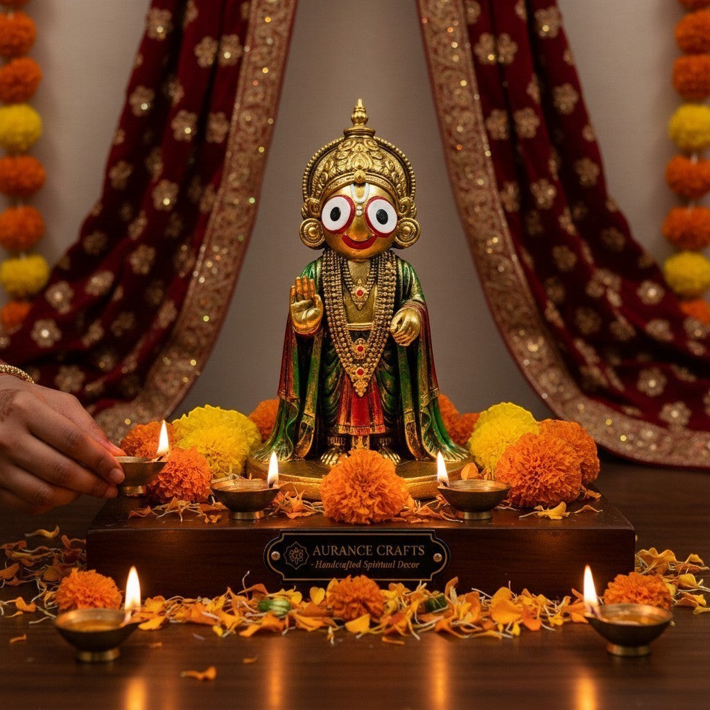Aurance handcrafted resin Lord Jagannath statue with gold and green details, displayed on a wooden base with marigolds.