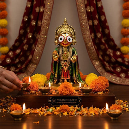 Aurance handcrafted resin Lord Jagannath statue with gold and green details, displayed on a wooden base with marigolds.