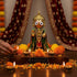 Aurance handcrafted resin Lord Jagannath statue with gold and green details, displayed on a wooden base with marigolds.