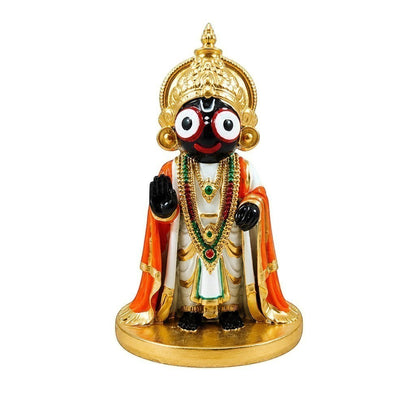 Aurance handcrafted resin Lord Jagannath statue with a marble finish, vibrant hand-painted details, and gold accents.