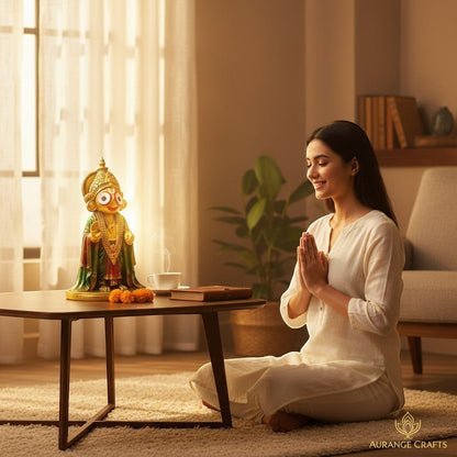 A woman praying beside an Aurance handcrafted resin Lord Jagannath statue with a marble finish on a wooden table.