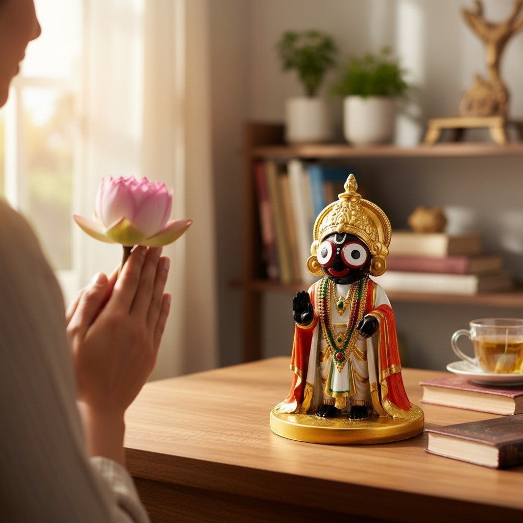 Aurance handcrafted resin Lord Jagannath statue with marble finish, displayed on a desk during a prayer session.