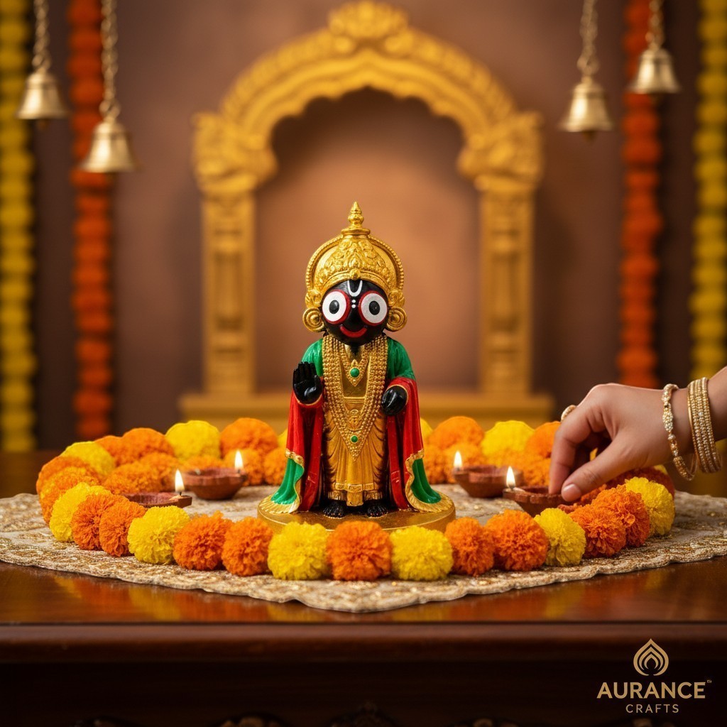 Aurance handcrafted Lord Jagannath resin statue with marble finish, surrounded by marigold flowers and lit diyas.
