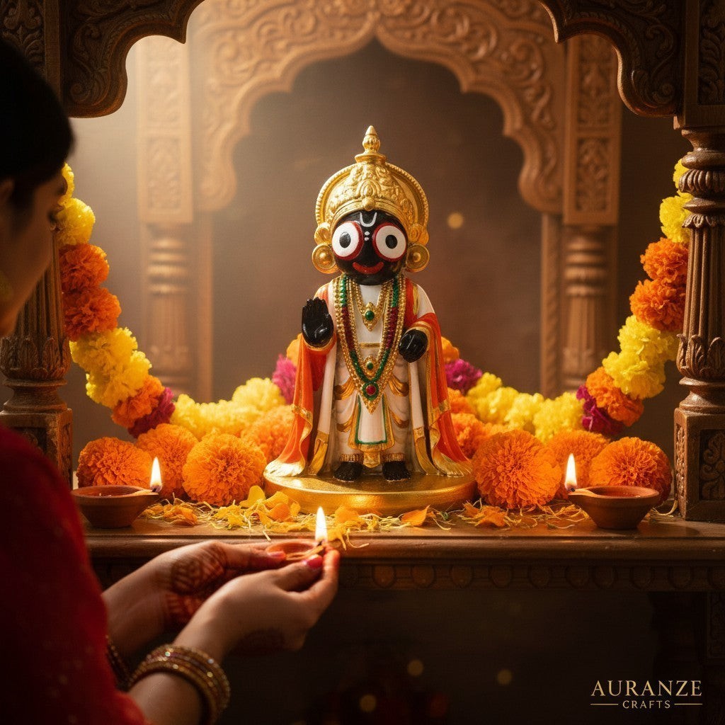 Aurance handcrafted resin Lord Jagannath statue with marble finish, displayed on a decorated temple altar with marigolds.