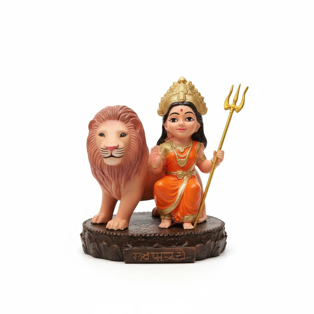 Aurance Maa Durga Bal Avtar resin idol with a lion, featuring vibrant orange clothing and a golden trident.
