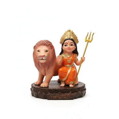 Aurance Maa Durga Bal Avtar resin idol with a lion, featuring vibrant orange clothing and a golden trident.