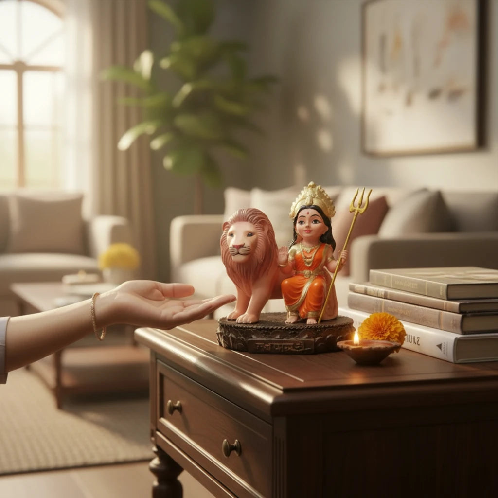 Aurance Maa Durga Bal Avtar resin statue with lion on a wooden table next to a small lit diya in a living room.