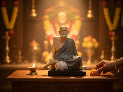 Aurance handcrafted Neem Karoli Baba resin and marble powder statue placed on a wooden table with a lit diya lamp