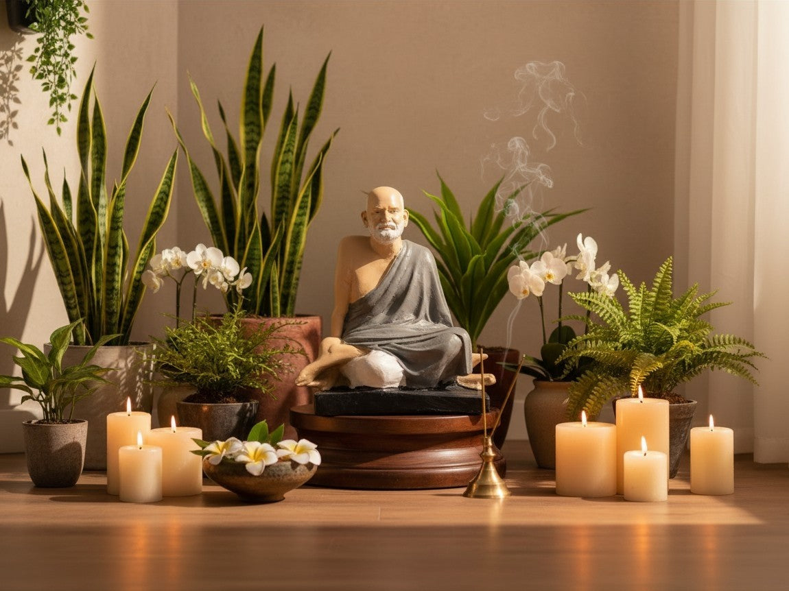 Aurance handcrafted Neem Karoli Baba resin statue on a wooden base, surrounded by indoor plants, candles, and incense.