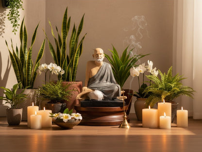 Aurance handcrafted Neem Karoli Baba resin statue on a wooden base, surrounded by indoor plants, candles, and incense.