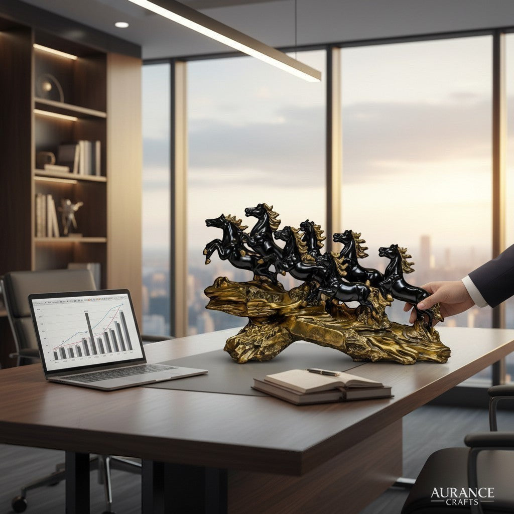 Aurance running horses tabletop sculpture with black horses on a textured antique gold base in a modern office.