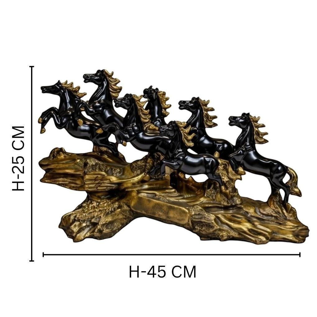 Aurance running horses tabletop sculpture with polished black horses on a textured antique gold base, 45cm wide.