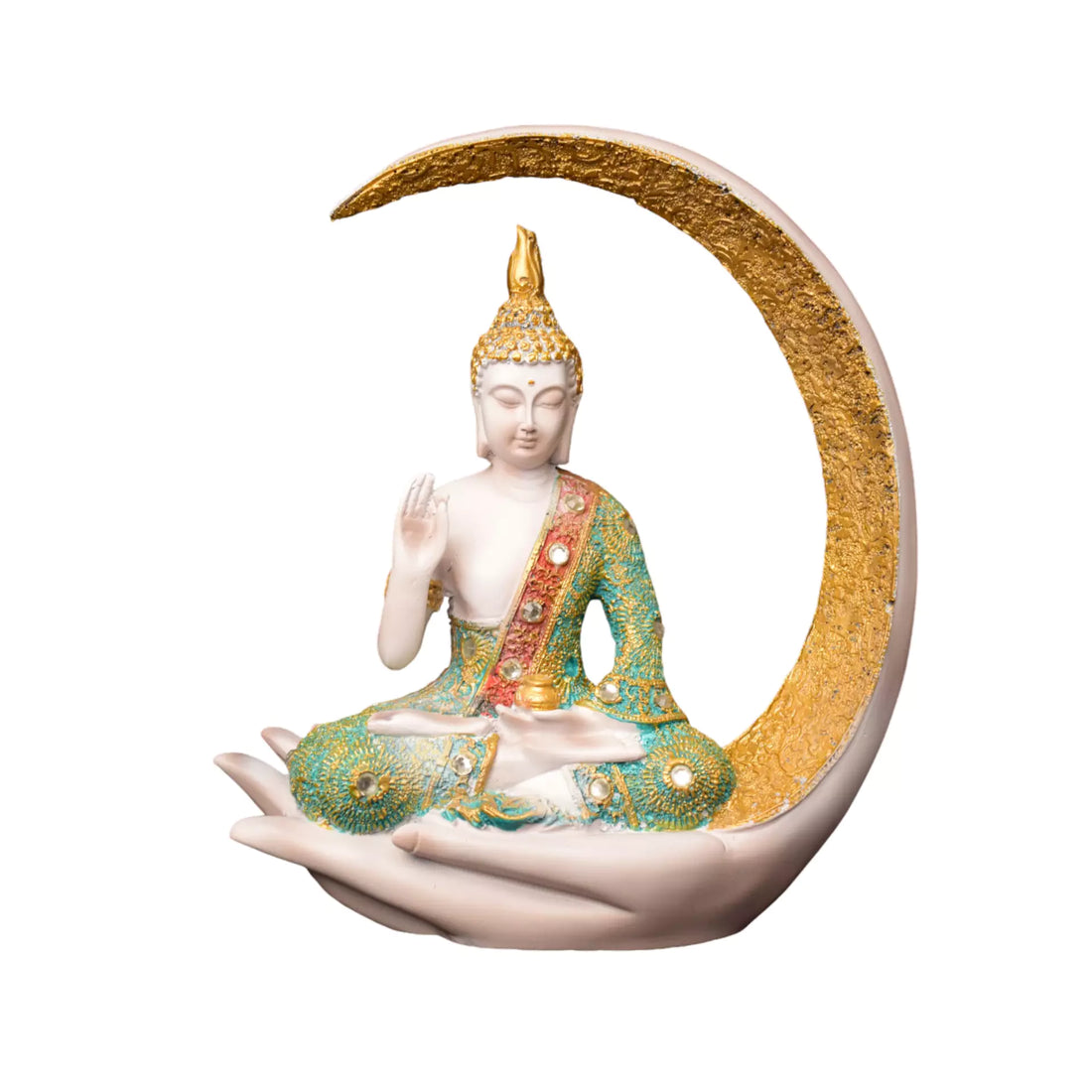 Chand Samadhi Elegance: White &amp; Green Handcrafted Resin Buddha Statue