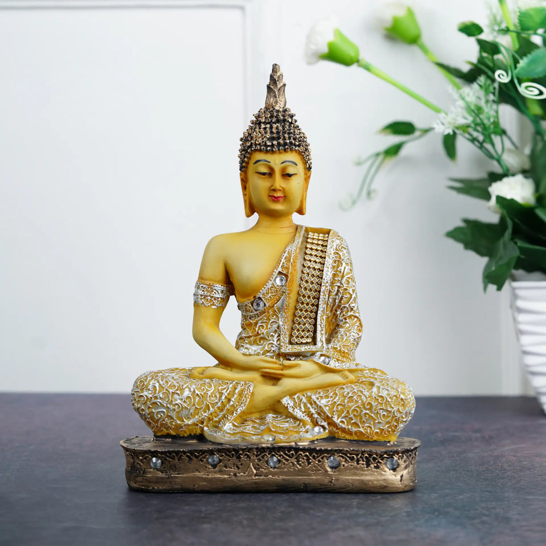 Yellow Meditating Buddha Resin Sculpture