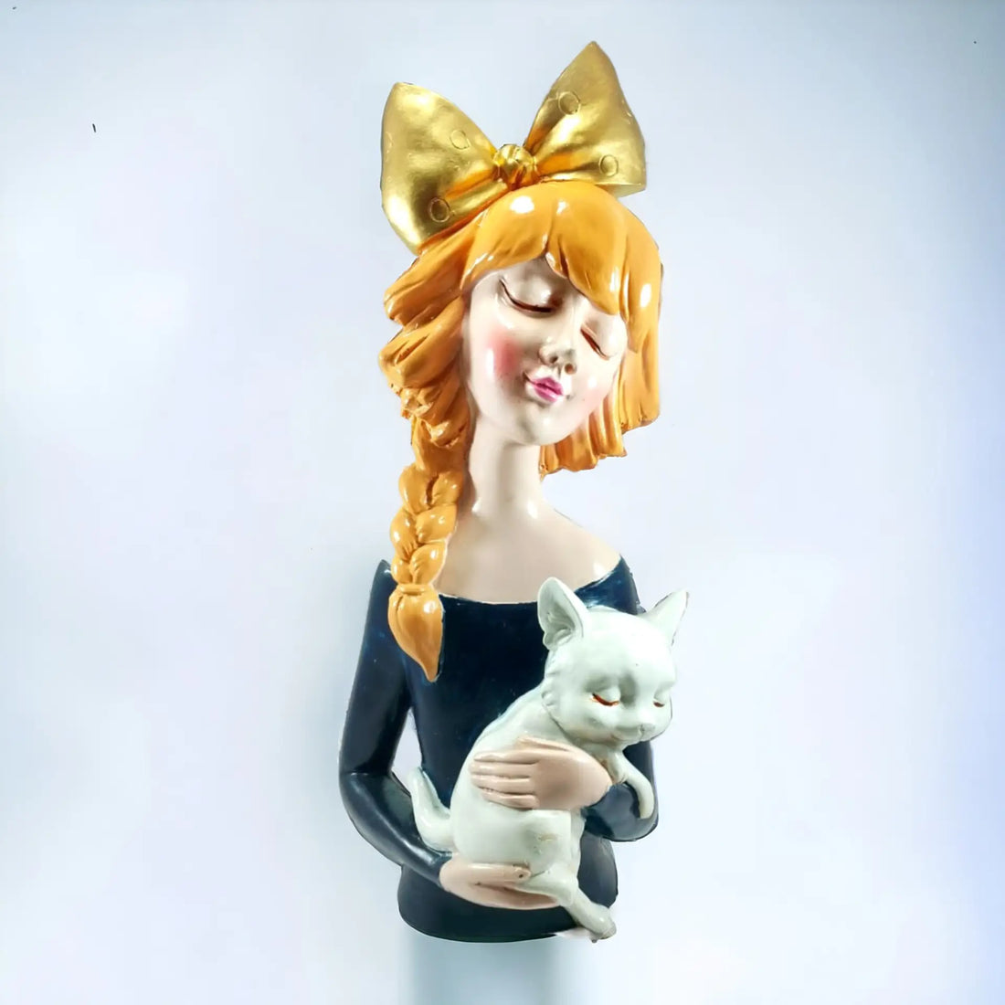 A Cute Girl With Cat Wearing A Bow Resin Handcrafted Statue