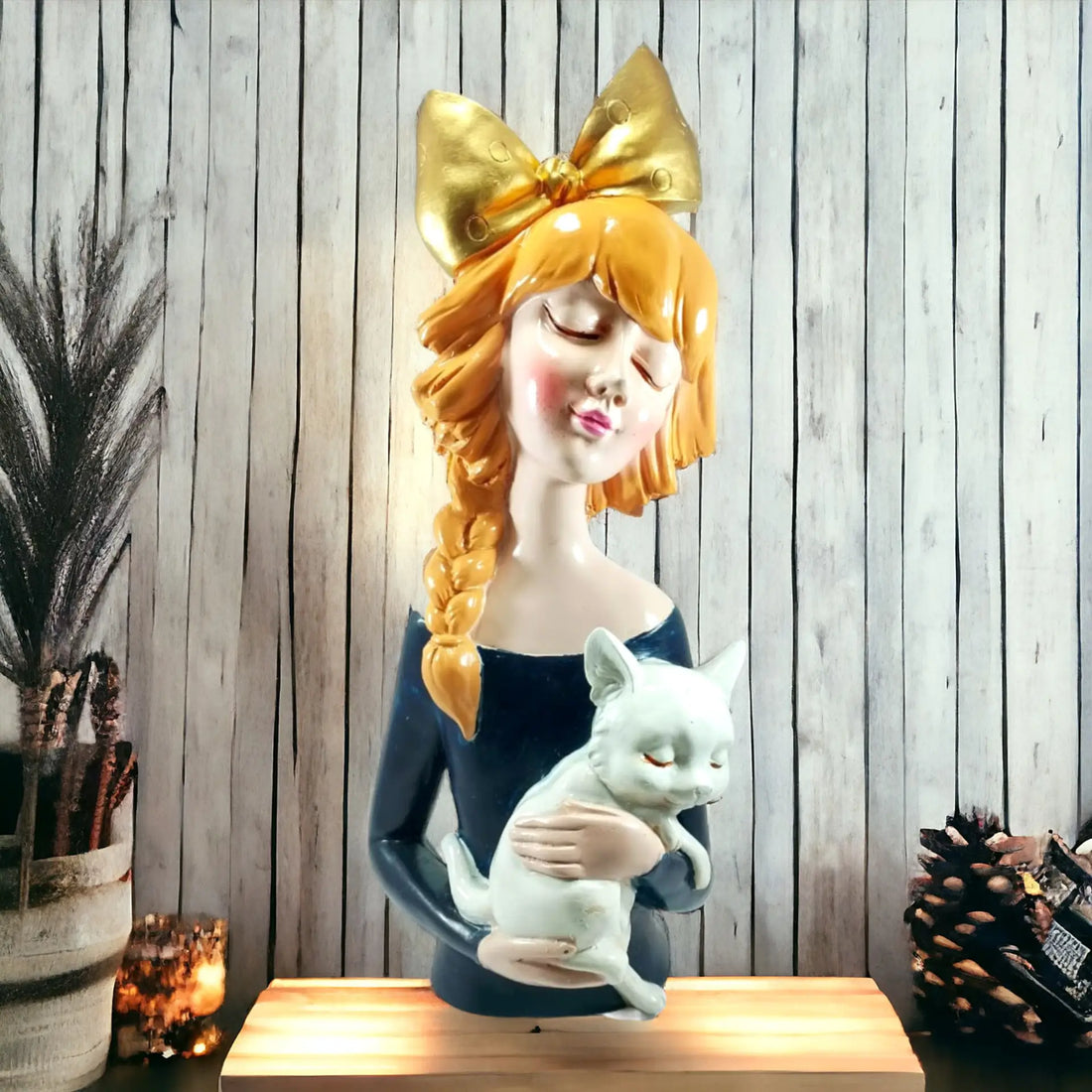 A Cute Girl With Cat Wearing A Bow Resin Handcrafted Statue