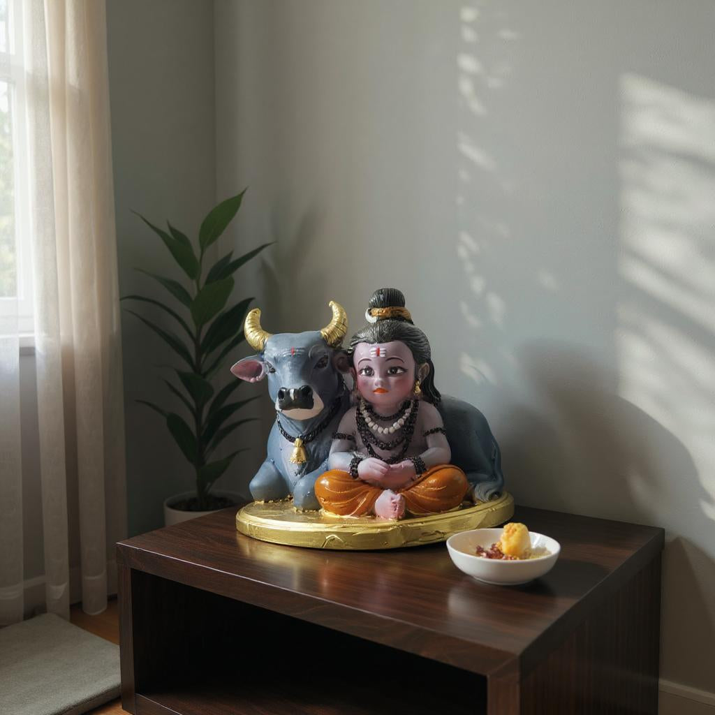 Baby Shiva with Nandi Statue | Resin Marble Powder God Idol for Home Temple &amp; Decor