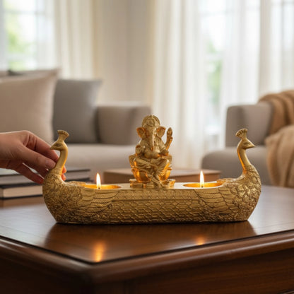 Golden Peacock Boat Tea Light Holder with Lord Ganesha Idol – Decorative Candle Holder for Home, Temple &amp; Festive Décor