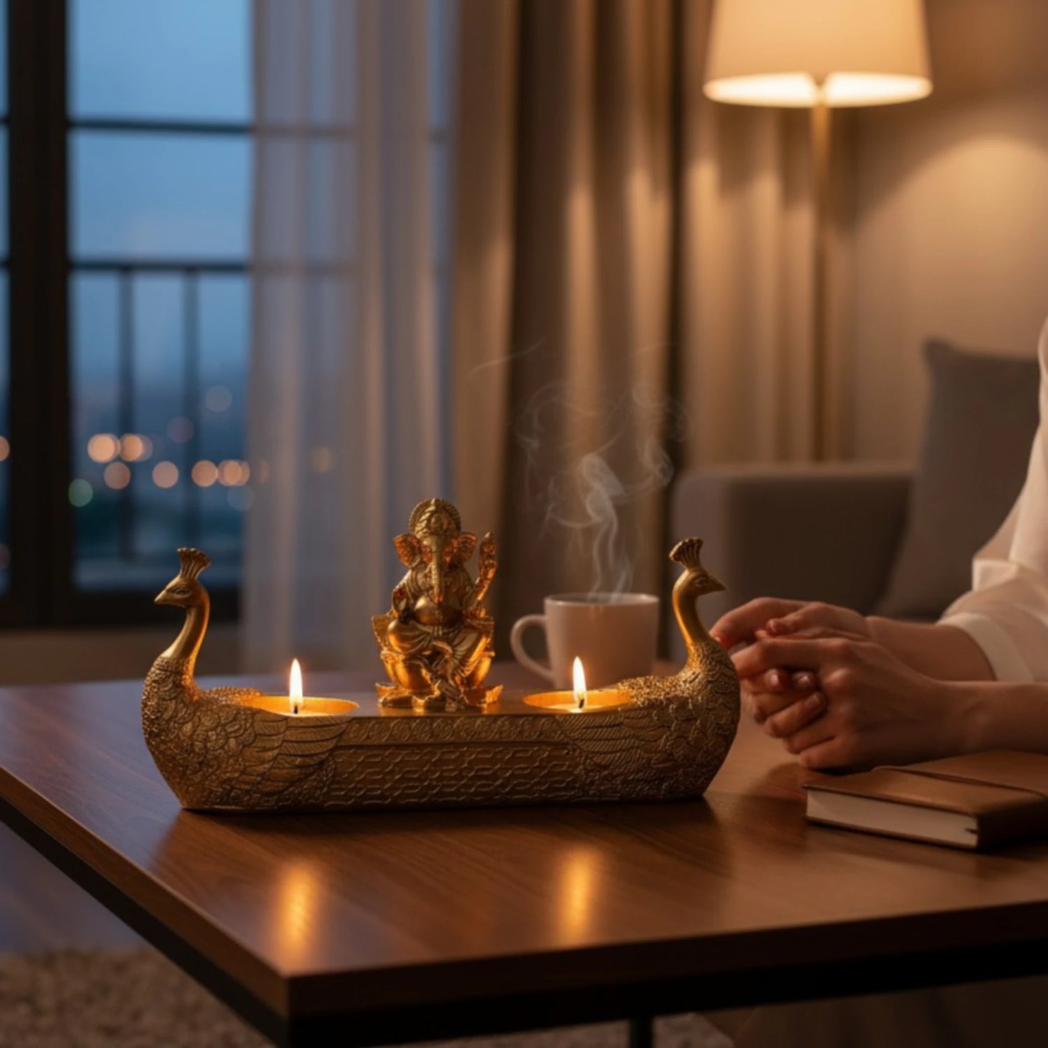 Golden Peacock Boat Tea Light Holder with Lord Ganesha Idol – Decorative Candle Holder for Home, Temple &amp; Festive Décor