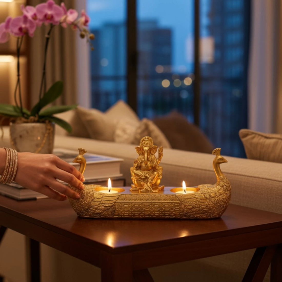 Golden Peacock Boat Tea Light Holder with Lord Ganesha Idol – Decorative Candle Holder for Home, Temple &amp; Festive Décor