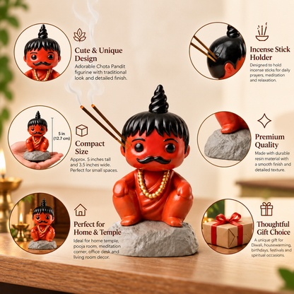 Chota Pandit Incense Stick Holder – Cute Monk Figurine for Home Temple &amp; Spiritual Decor