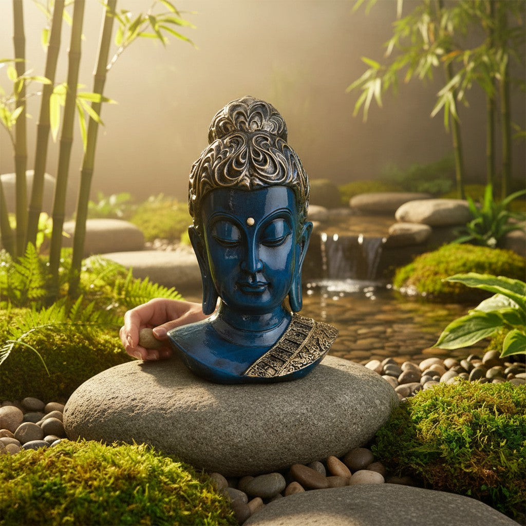 Blue Big Buddha Face Resin Spiritual Sculpture