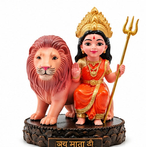Maa Durga Bal Avtar with Lion Statue – Powerful Resin Idol for Prayer, Home Temple &amp; Car Dashboard