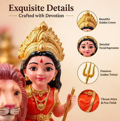 Maa Durga Bal Avtar with Lion Statue – Powerful Resin Idol for Prayer, Home Temple &amp; Car Dashboard