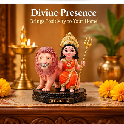 Maa Durga Bal Avtar with Lion Statue – Powerful Resin Idol for Prayer, Home Temple &amp; Car Dashboard
