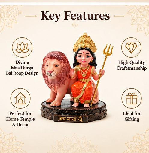 Maa Durga Bal Avtar with Lion Statue – Powerful Resin Idol for Prayer, Home Temple &amp; Car Dashboard