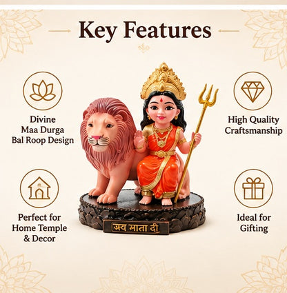 Maa Durga Bal Avtar with Lion Statue – Powerful Resin Idol for Prayer, Home Temple &amp; Car Dashboard