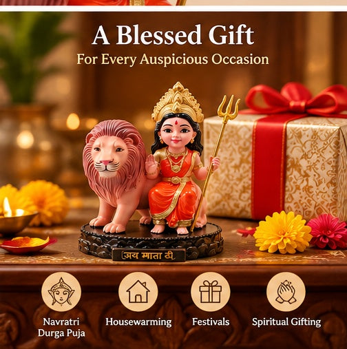 Maa Durga Bal Avtar with Lion Statue – Powerful Resin Idol for Prayer, Home Temple &amp; Car Dashboard