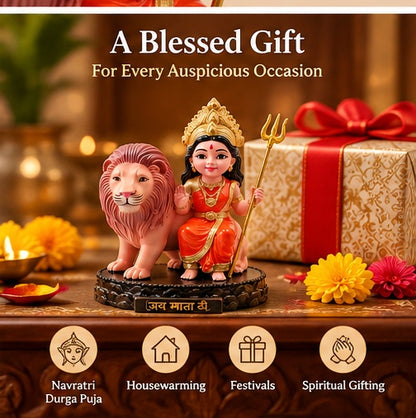 Maa Durga Bal Avtar with Lion Statue – Powerful Resin Idol for Prayer, Home Temple &amp; Car Dashboard