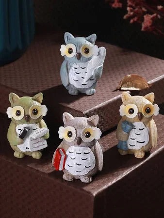 Charming Owl Set: Four Unique Resin Sculptures