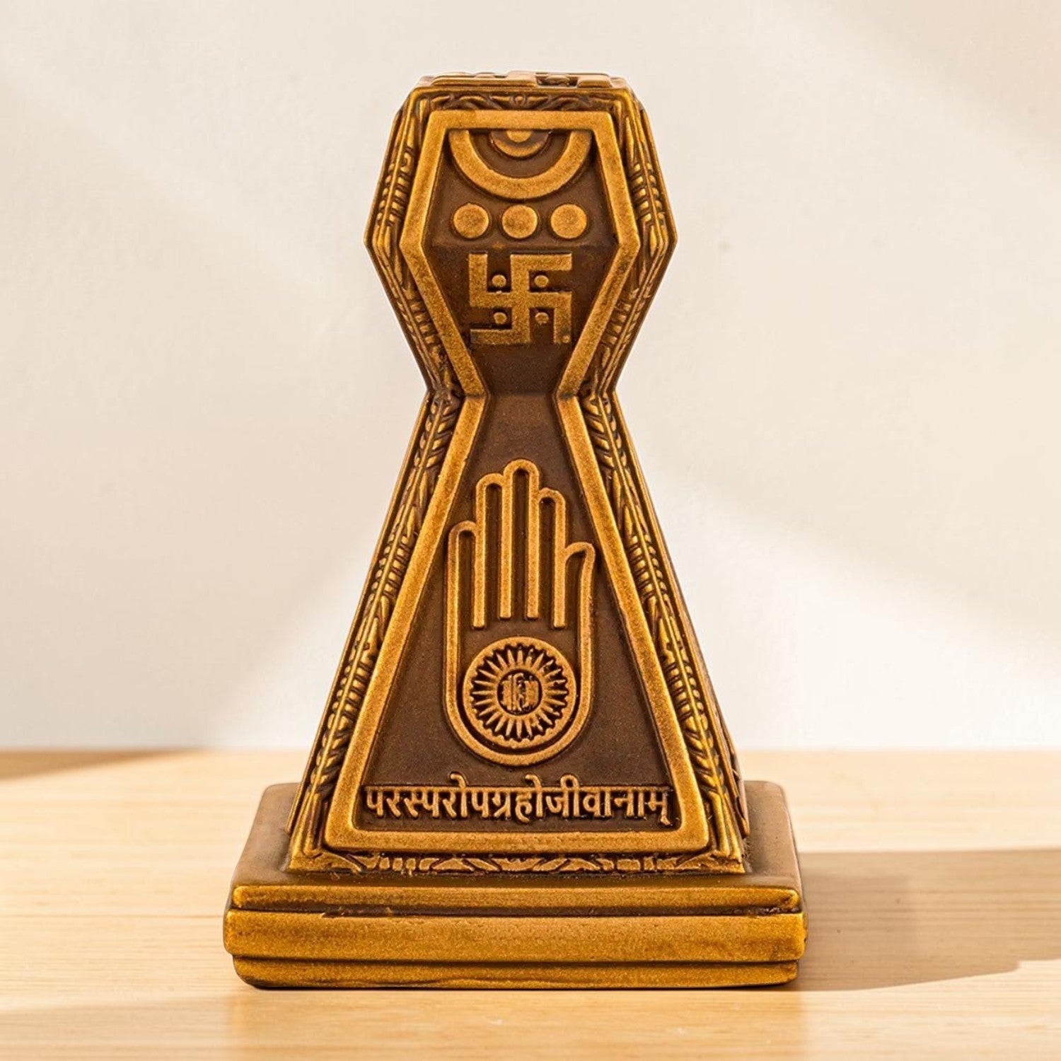 “Jain Swastik Ahimsa Hand Idol – Premium Brass Finish Spiritual Home Decor &amp; Puja Murti”