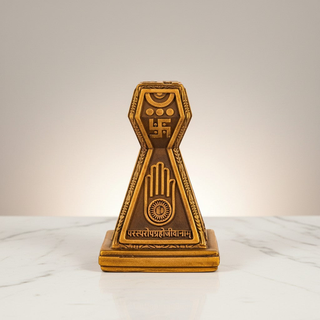 “Jain Swastik Ahimsa Hand Idol – Premium Brass Finish Spiritual Home Decor &amp; Puja Murti”