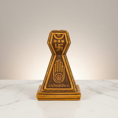 “Jain Swastik Ahimsa Hand Idol – Premium Brass Finish Spiritual Home Decor &amp; Puja Murti”