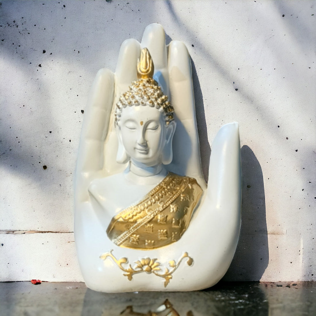 Serene White Palm Buddha: Handcrafted Resin Statue of Tranquility and Enlightenment